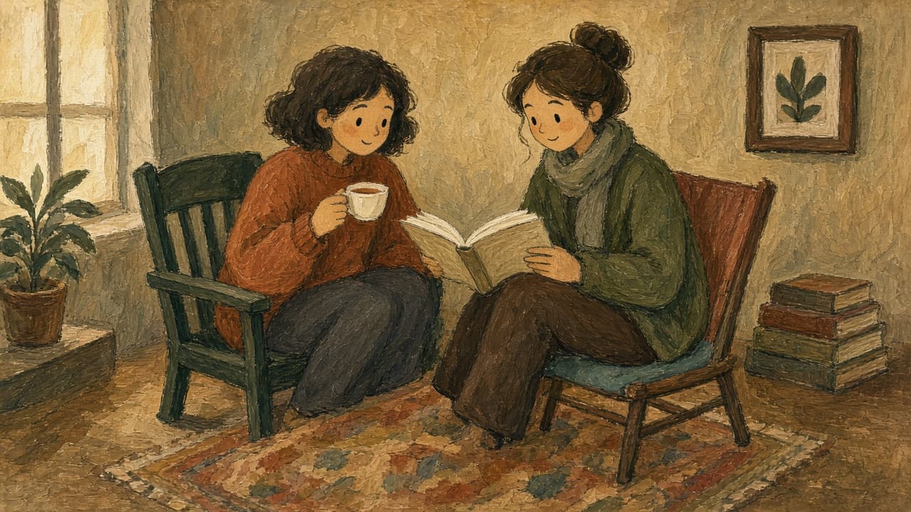 A painted scene of two people sitting together with a shared book and tea