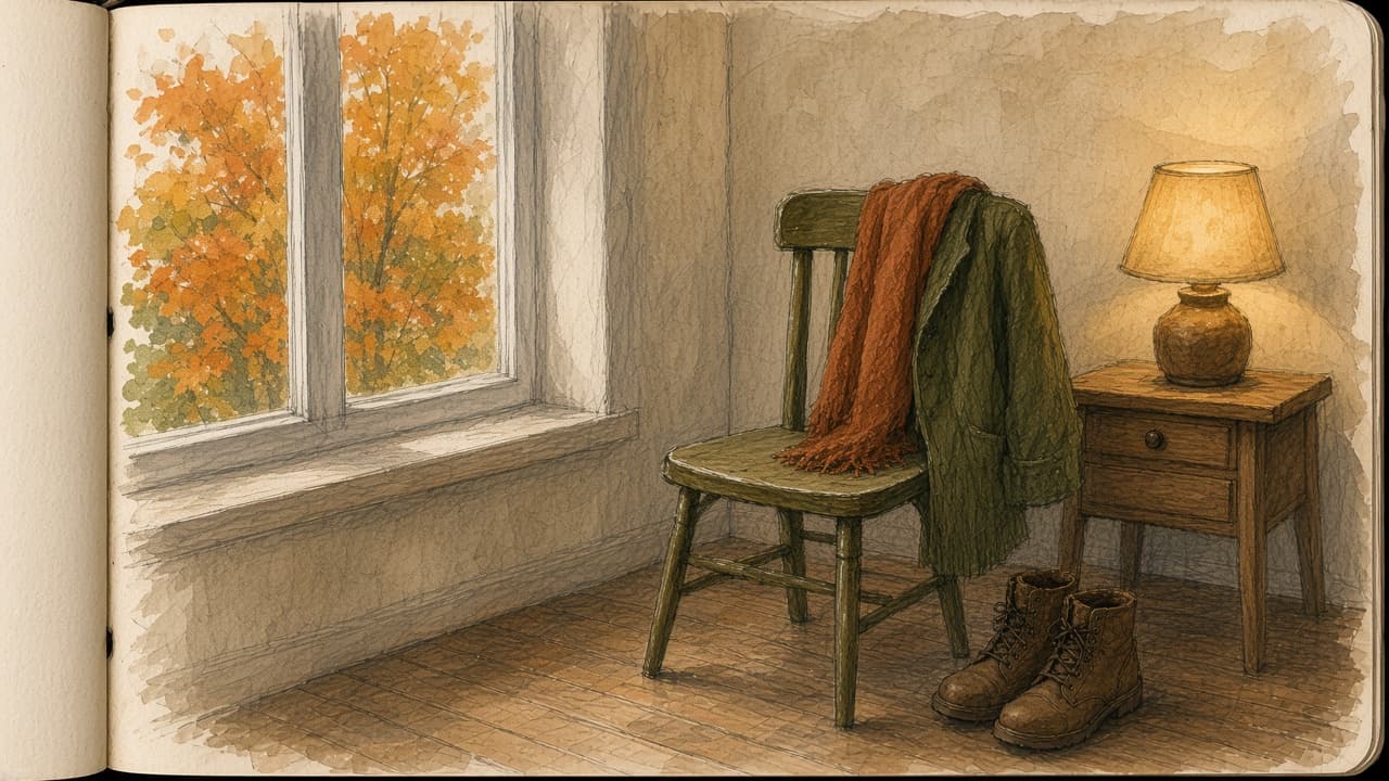 A sketch of a wooden chair with a coat and scarf draped over it beside a lamp