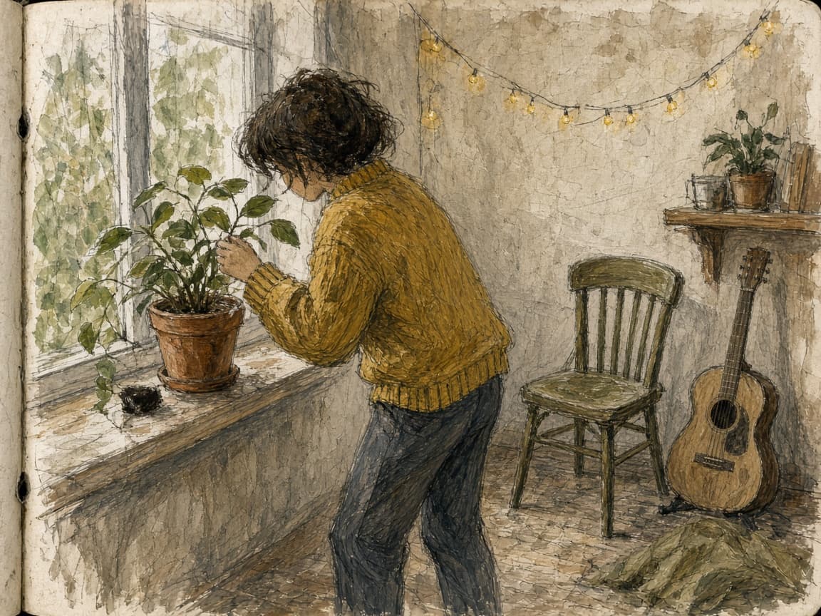 A painted personal room that has been decorated over time, with someone placing a plant by the window