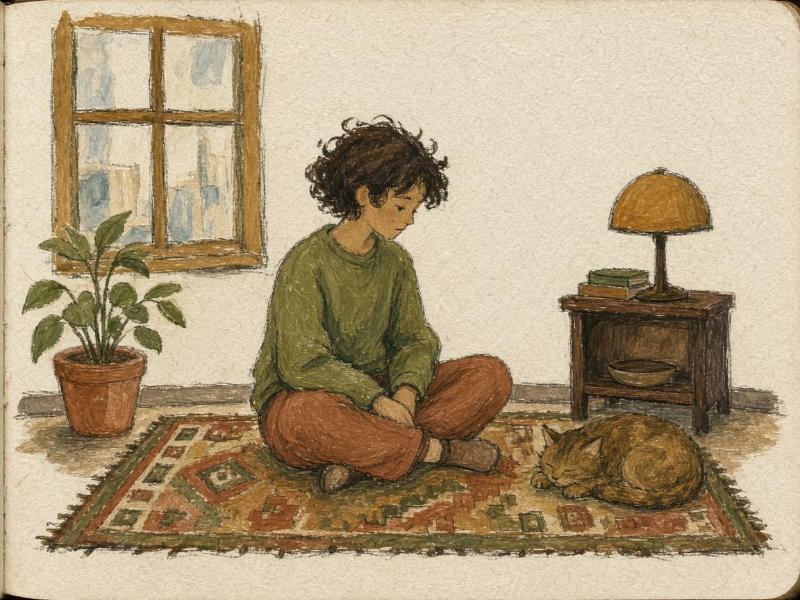 A painted room with a person sitting on a rug beside a sleeping cat, plants, and a sunny window
